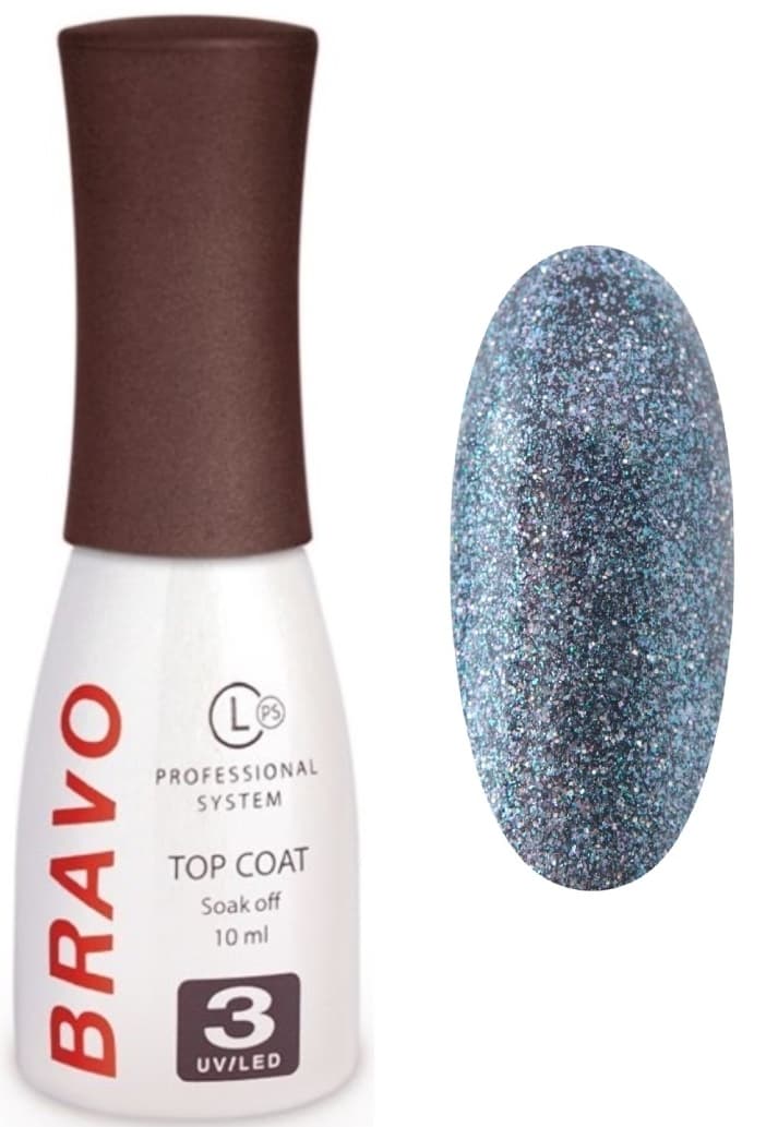 Bravo Верхнее покрытие без липкого слоя TOP Втирка светоотражающий SILVER, 10мл.