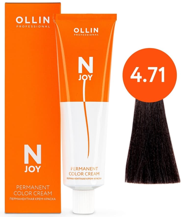 OLLIN "N-JOY"  4/71 – шатен коричнево-пепельный, перманентная крем-краска для волос 100мл