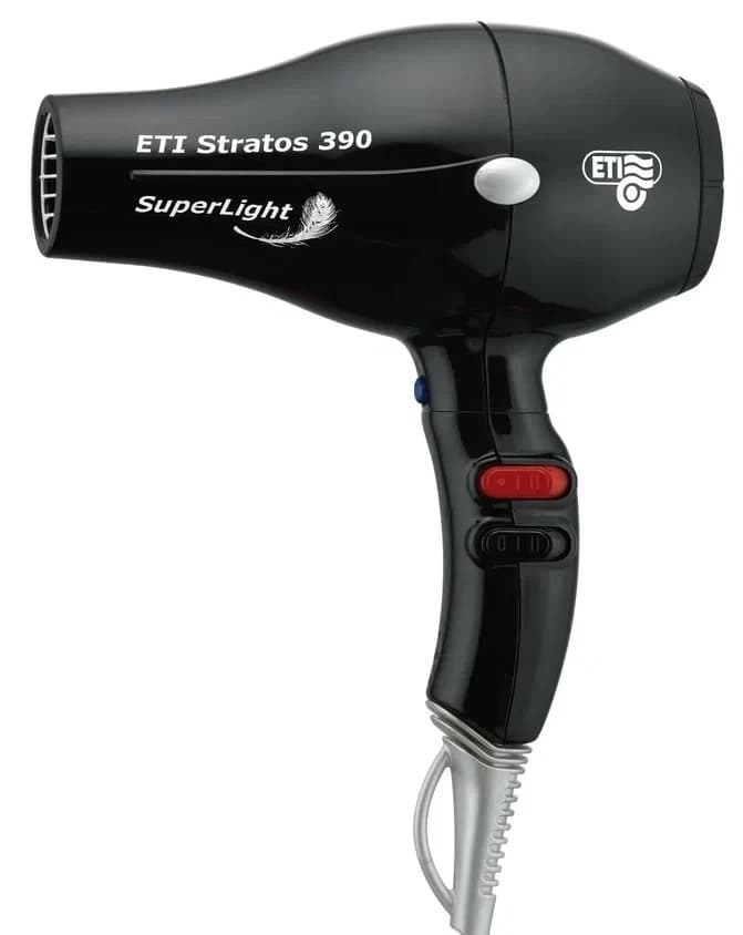 ETI Фен Stratos Superlight 390 цвет черный, 2200 Вт, 2 насадки, вес 502 гр.