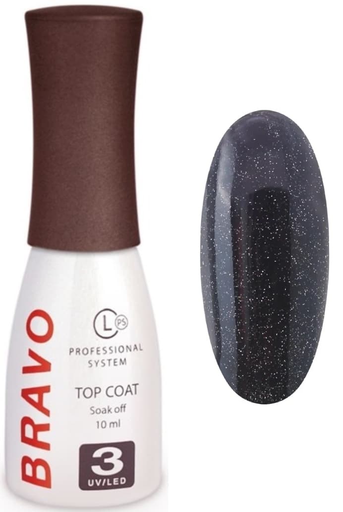 Bravo Верхнее покрытие без липкого слоя с шиммером Серебро, 10мл. 